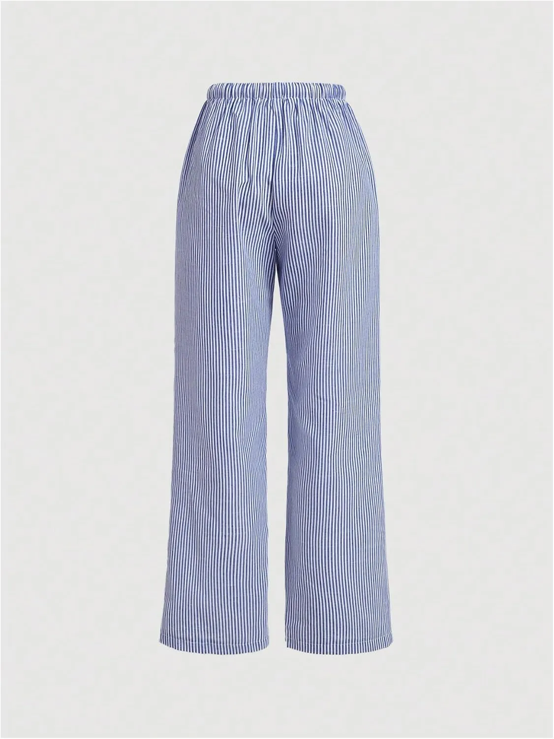 OYOANGLE Women's Striped Wide Leg Pants Drawstring Waist Straight Leg Trousers Lounge Pants
