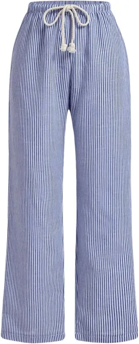 OYOANGLE Women's Striped Wide Leg Pants Drawstring Waist Straight Leg Trousers Lounge Pants