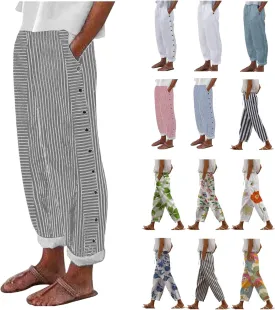 Plus Size Capris for Women Striped Floral Printed Cotton Linen Pants Lightweight Casual Trousers with Pockets