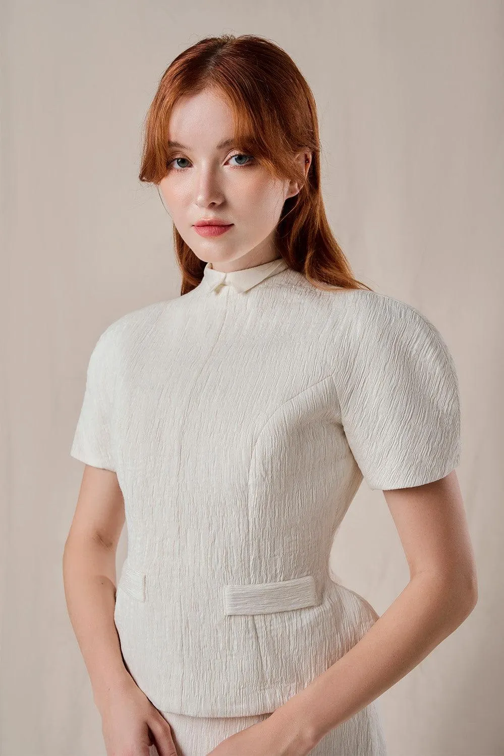 Sarah Peplum Puffy Sleeved Ribbed Burlap Midi Set