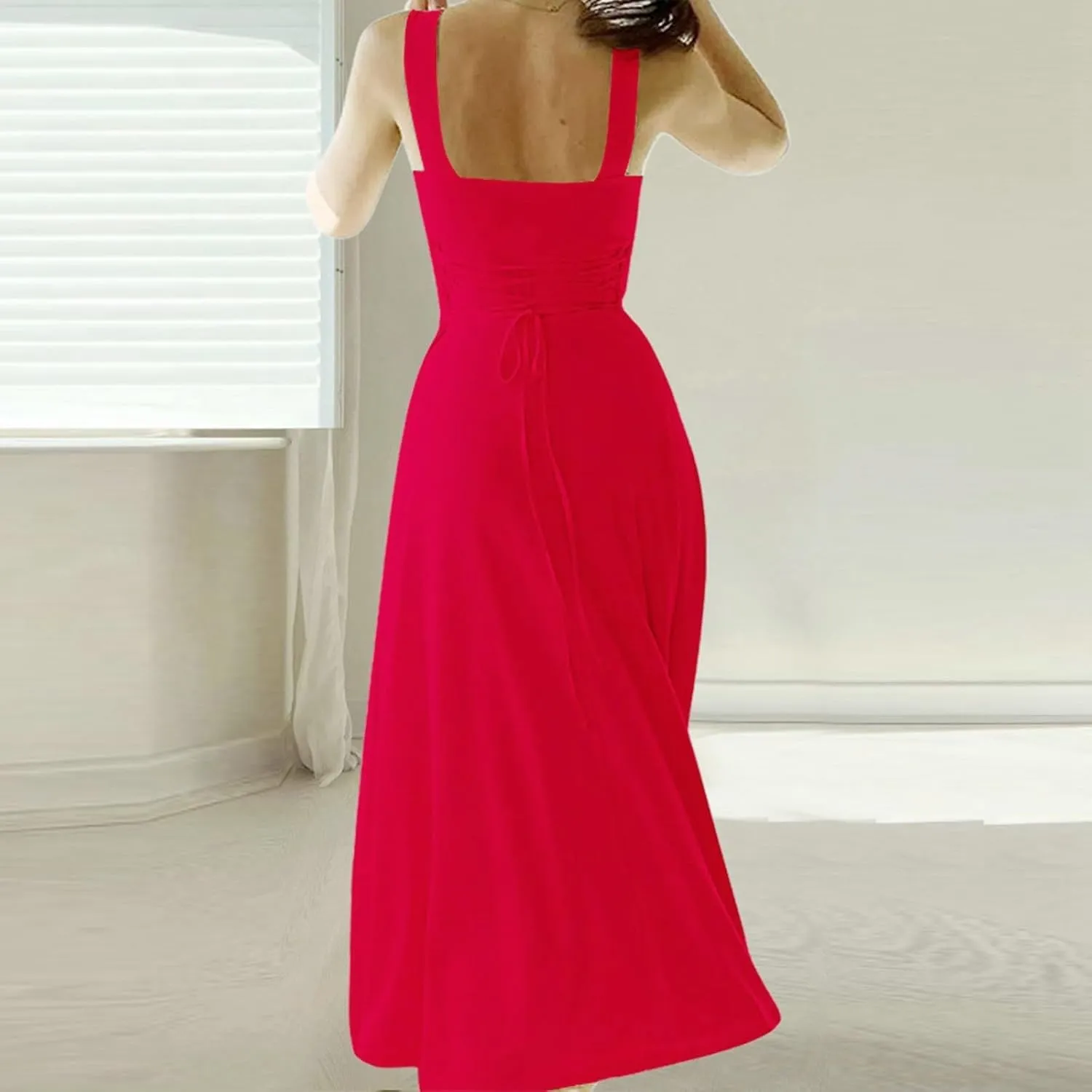 Summer Casual Dresses for Women 2025 Maxi Tank Top Dress Square Neck Sleeveless Drawstring Backless Long Sundress