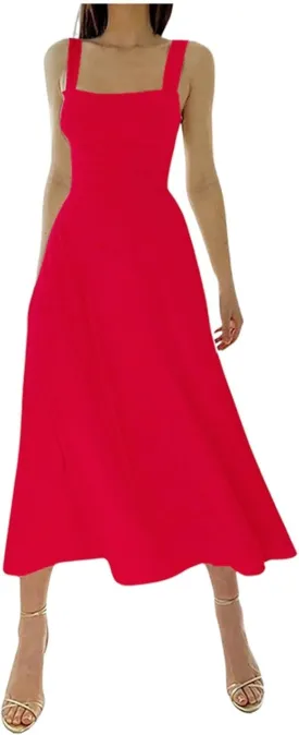 Summer Casual Dresses for Women 2025 Maxi Tank Top Dress Square Neck Sleeveless Drawstring Backless Long Sundress
