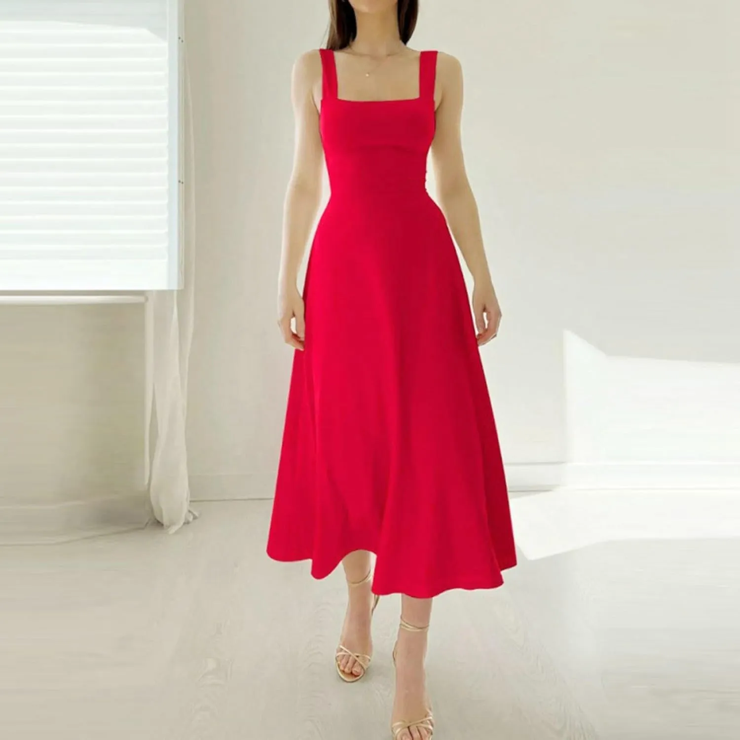 Summer Casual Dresses for Women 2025 Maxi Tank Top Dress Square Neck Sleeveless Drawstring Backless Long Sundress