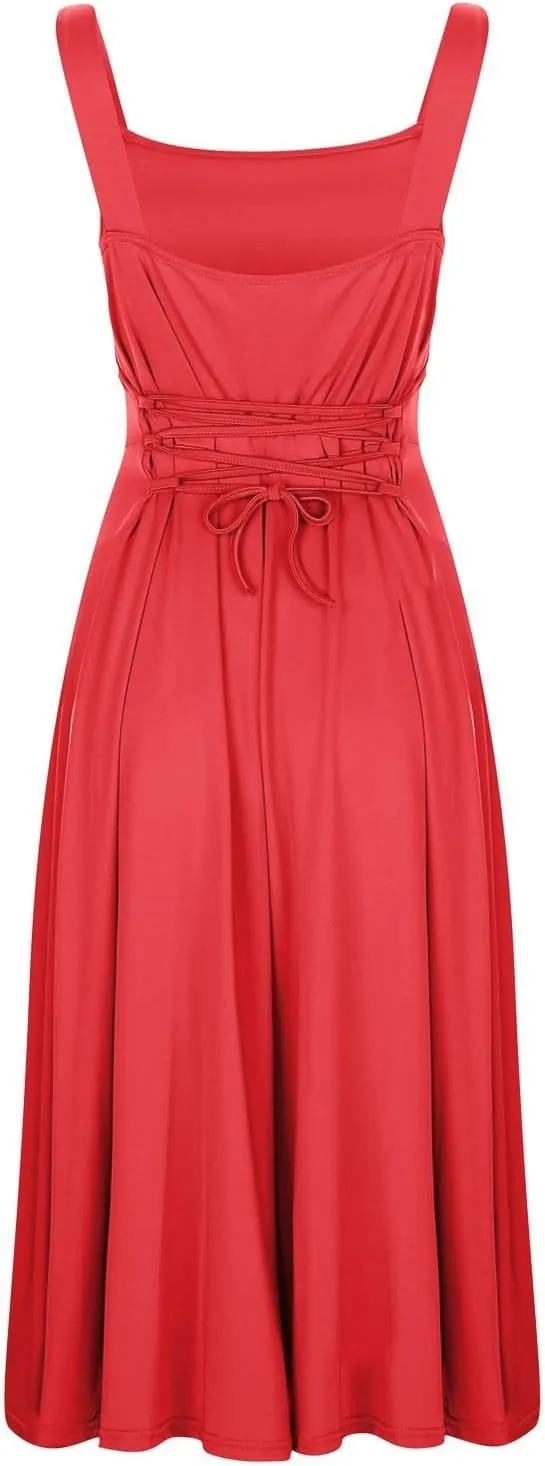 Summer Casual Dresses for Women 2025 Maxi Tank Top Dress Square Neck Sleeveless Drawstring Backless Long Sundress