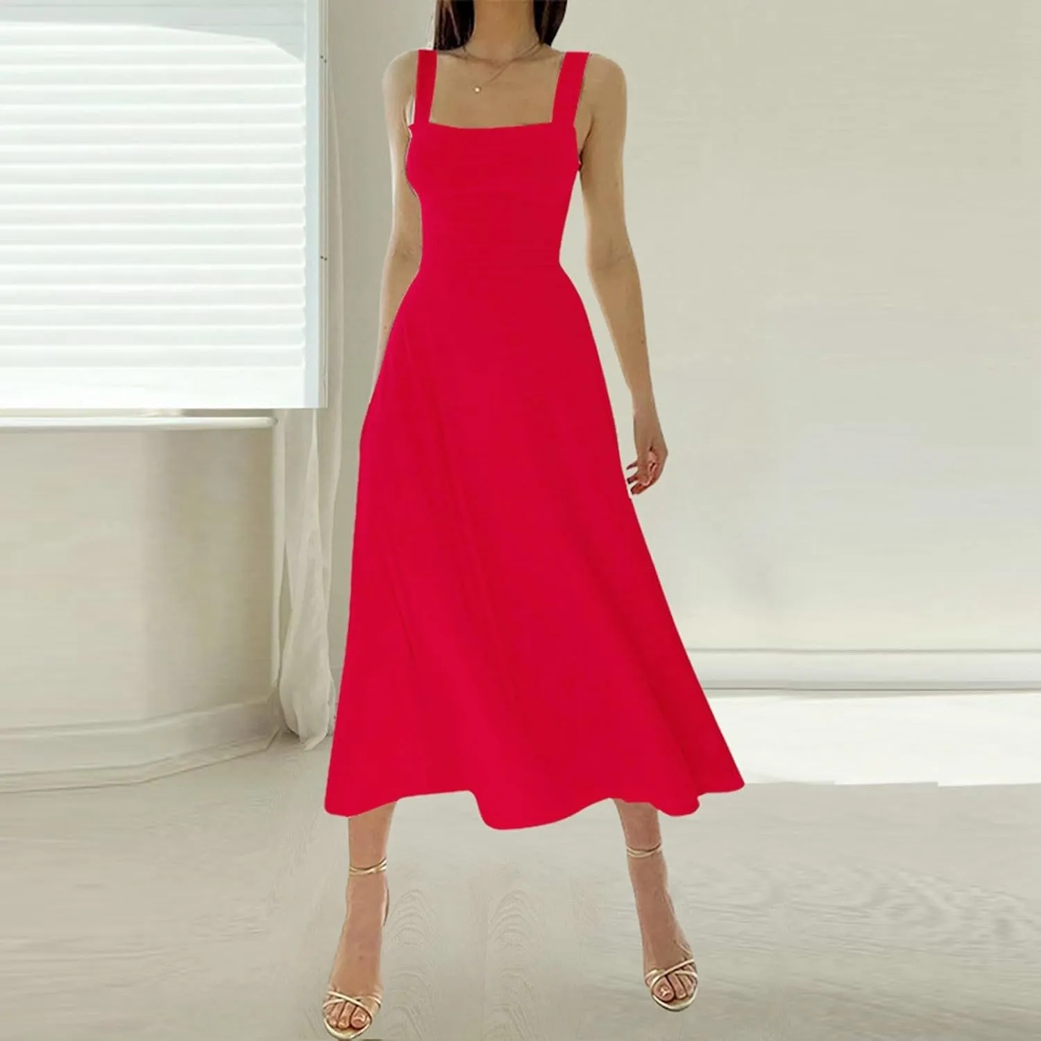 Summer Casual Dresses for Women 2025 Maxi Tank Top Dress Square Neck Sleeveless Drawstring Backless Long Sundress