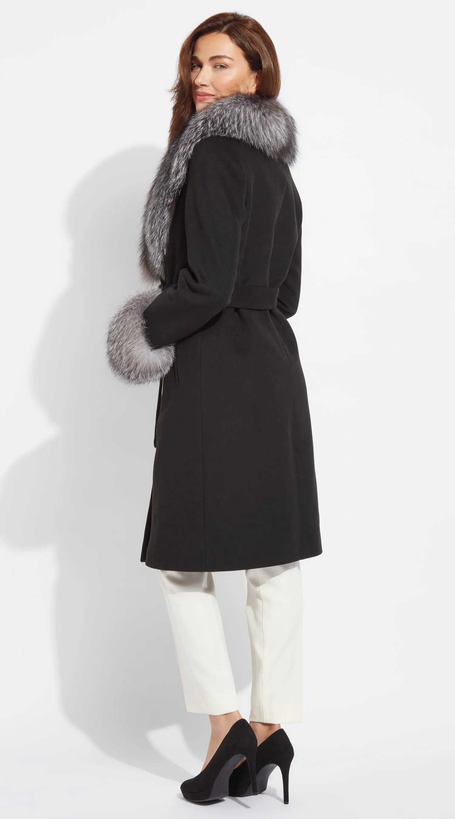 Supreme Luxy Cashmere & Fox Fur Belted Coat - Black & Silver