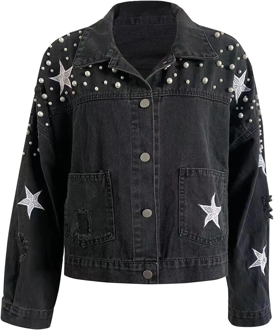 Women Embroidered Pearls Beading Crop Denim Jacket Fashion Lapel Button Down Cropped Distressed Jean Coat with Pockets