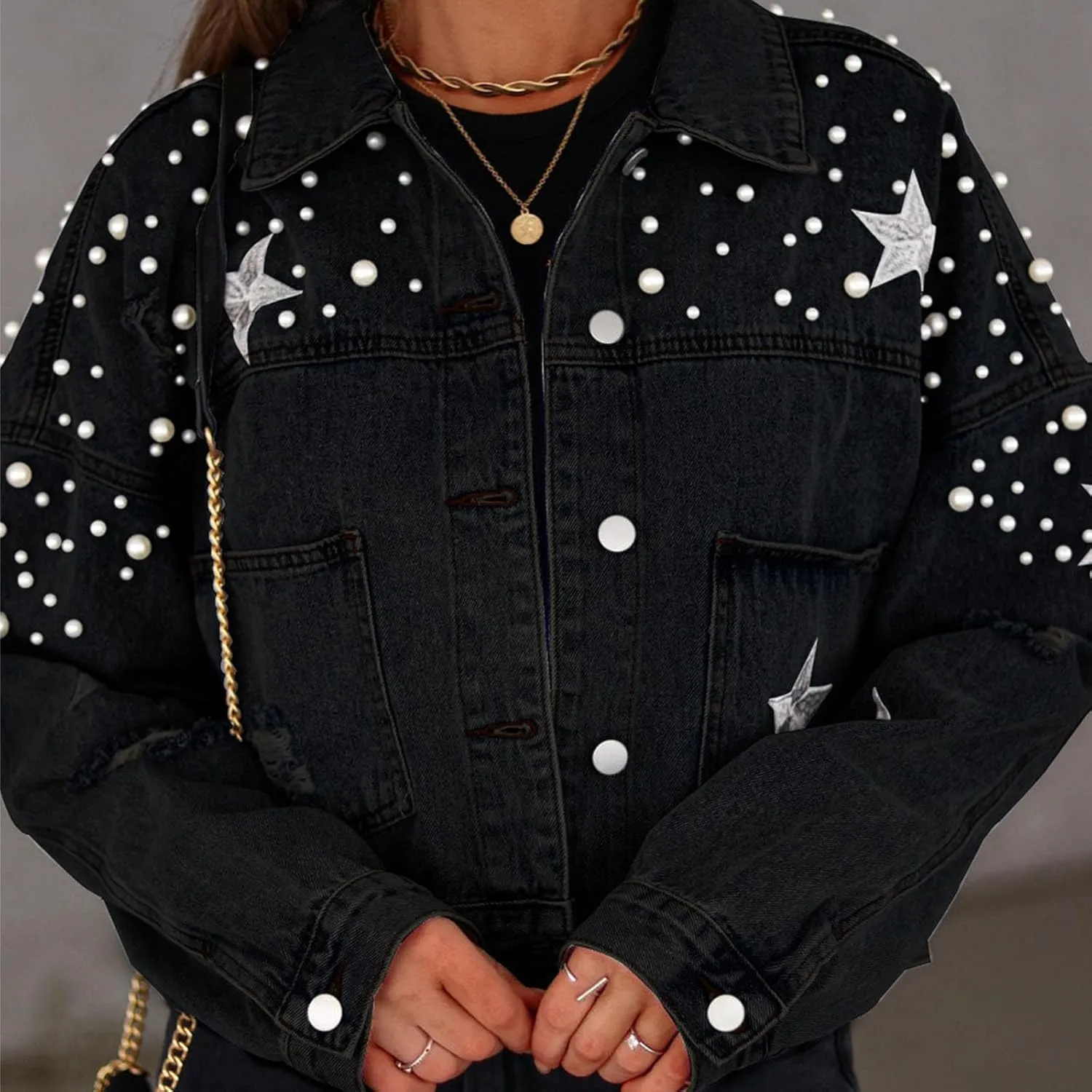 Women Embroidered Pearls Beading Crop Denim Jacket Fashion Lapel Button Down Cropped Distressed Jean Coat with Pockets