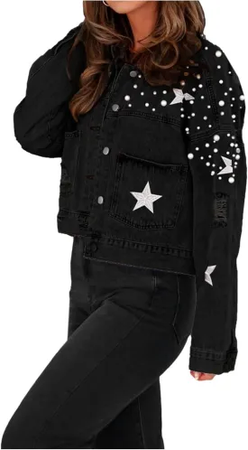 Women Embroidered Pearls Beading Crop Denim Jacket Fashion Lapel Button Down Cropped Distressed Jean Coat with Pockets