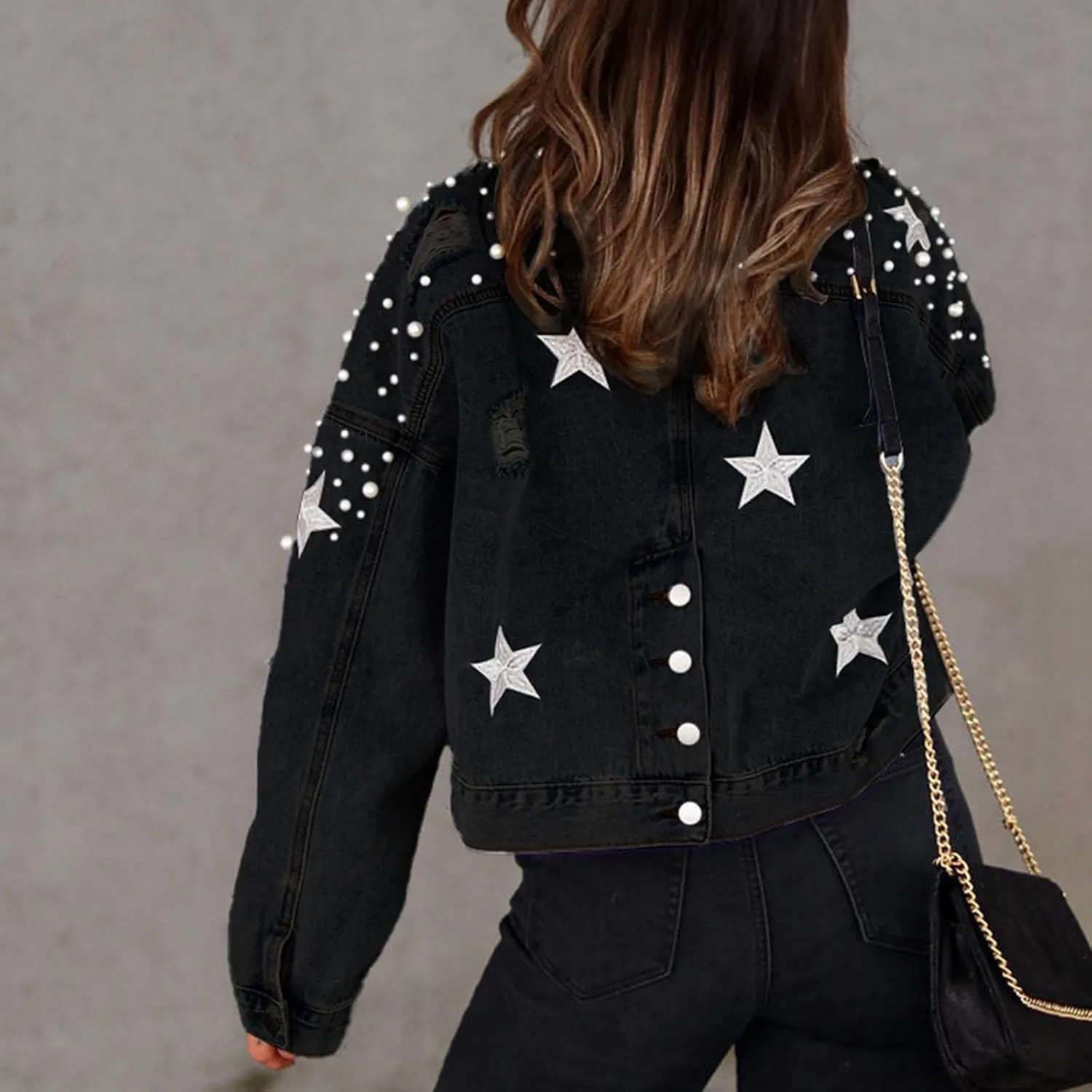 Women Embroidered Pearls Beading Crop Denim Jacket Fashion Lapel Button Down Cropped Distressed Jean Coat with Pockets