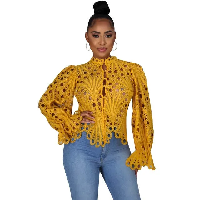 Womens Elegant Long Sleeve Hollow Cut Out Mesh Lace Shirt
