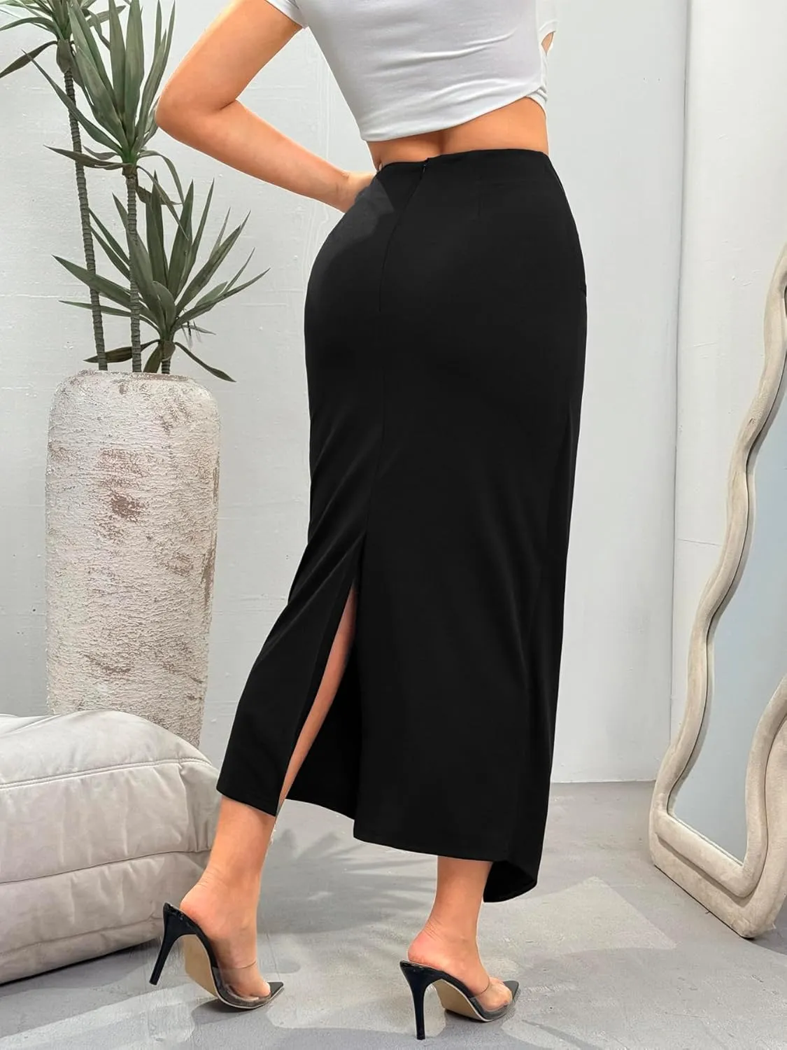 Women's High Waist Skirt Elegant HIPS Wrapped Below Bodycon Slit Pencil Midi Skirts