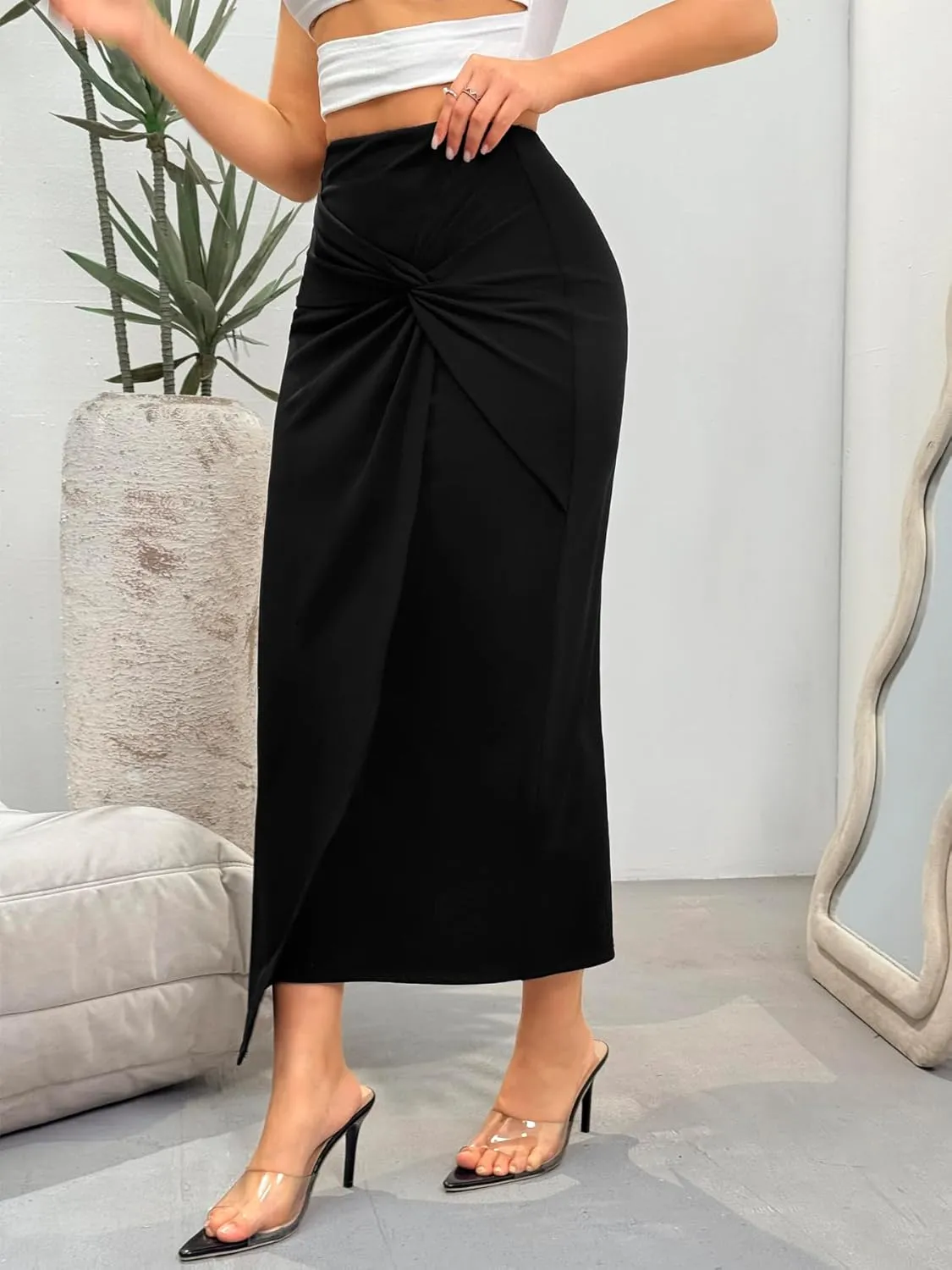 Women's High Waist Skirt Elegant HIPS Wrapped Below Bodycon Slit Pencil Midi Skirts