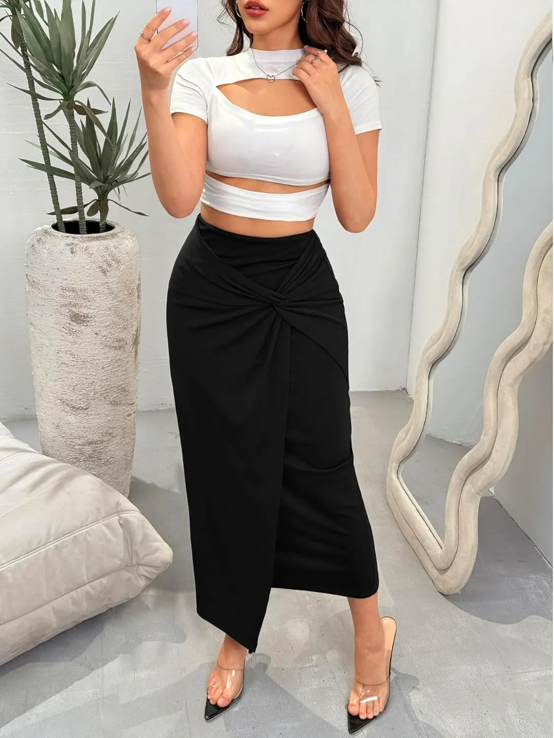 Women's High Waist Skirt Elegant HIPS Wrapped Below Bodycon Slit Pencil Midi Skirts