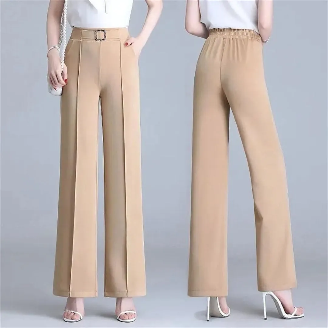 Women's Summer Straight Trousers Pants Streetwear Elastic Waist Wide-Leg Pants