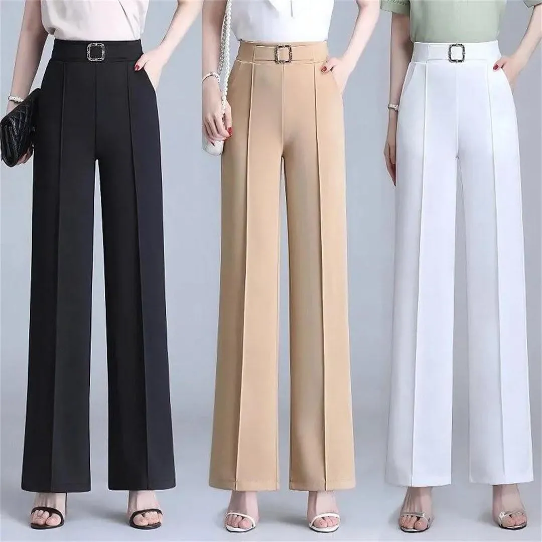 Women's Summer Straight Trousers Pants Streetwear Elastic Waist Wide-Leg Pants