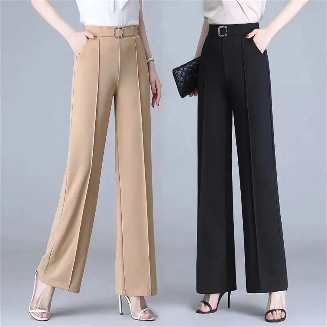 Women's Summer Straight Trousers Pants Streetwear Elastic Waist Wide-Leg Pants