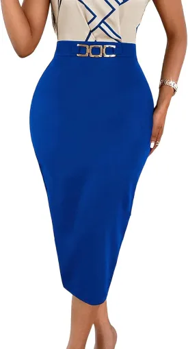 Women's Summer Work Office Skirt High Waist Below Knee Business Casual Midi Bodycon Pencil Skirts 654