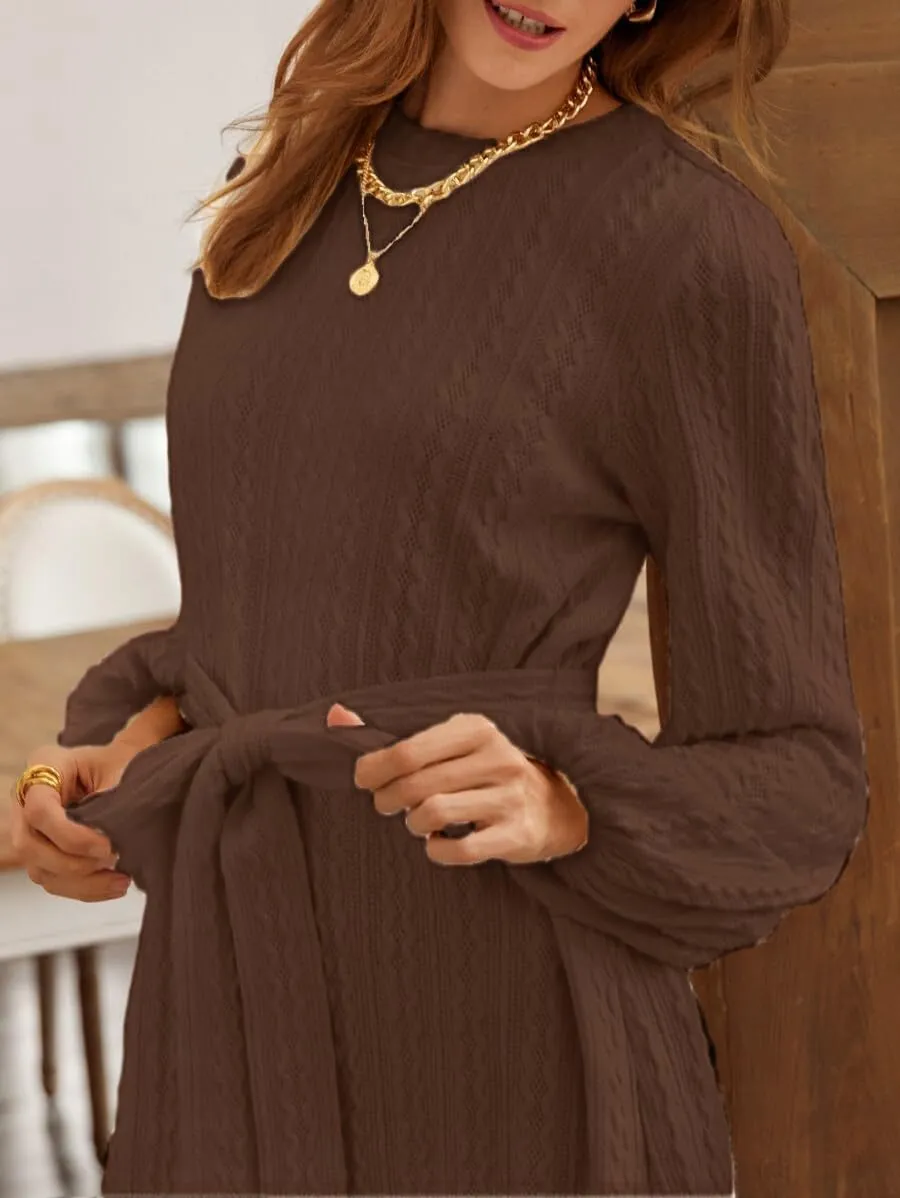 Women's Winter Sweater Dress Long Sleeve Cable Knit Belted Dress Loose Mini Tunic Pullover Sweater Dress