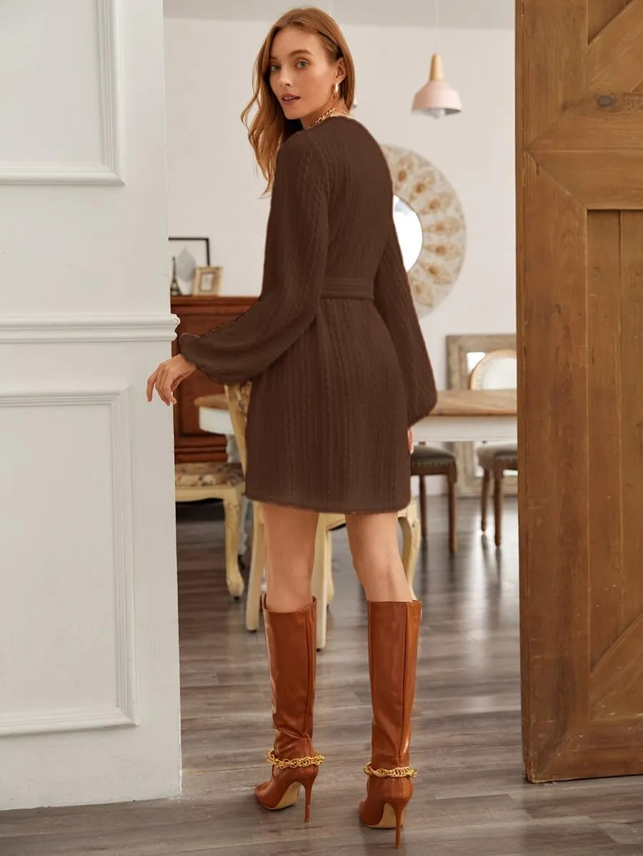 Women's Winter Sweater Dress Long Sleeve Cable Knit Belted Dress Loose Mini Tunic Pullover Sweater Dress