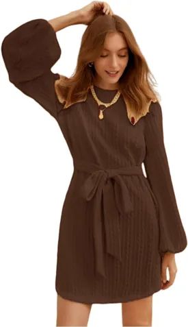 Women's Winter Sweater Dress Long Sleeve Cable Knit Belted Dress Loose Mini Tunic Pullover Sweater Dress